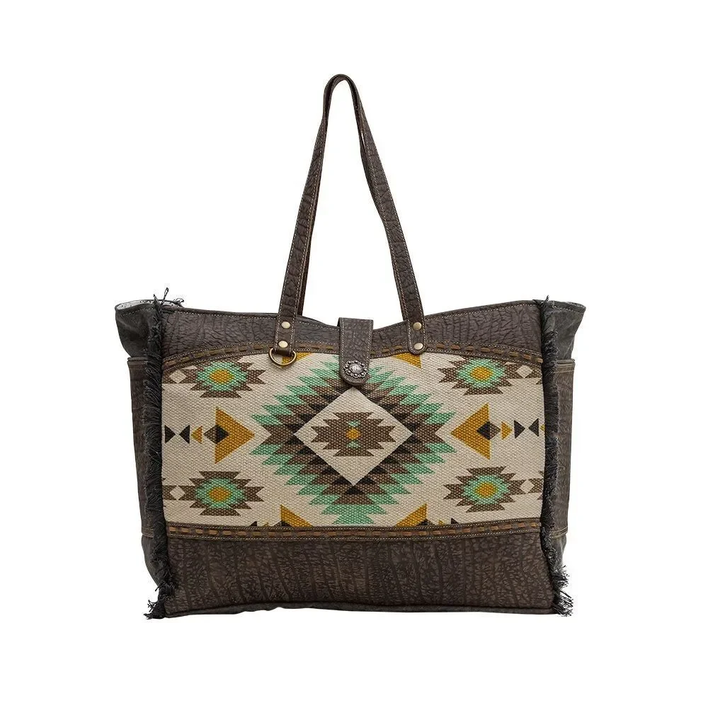 Myra Bag Handmade Flatey Weekender Bag Upcycled Canvas & Cowhide Leather